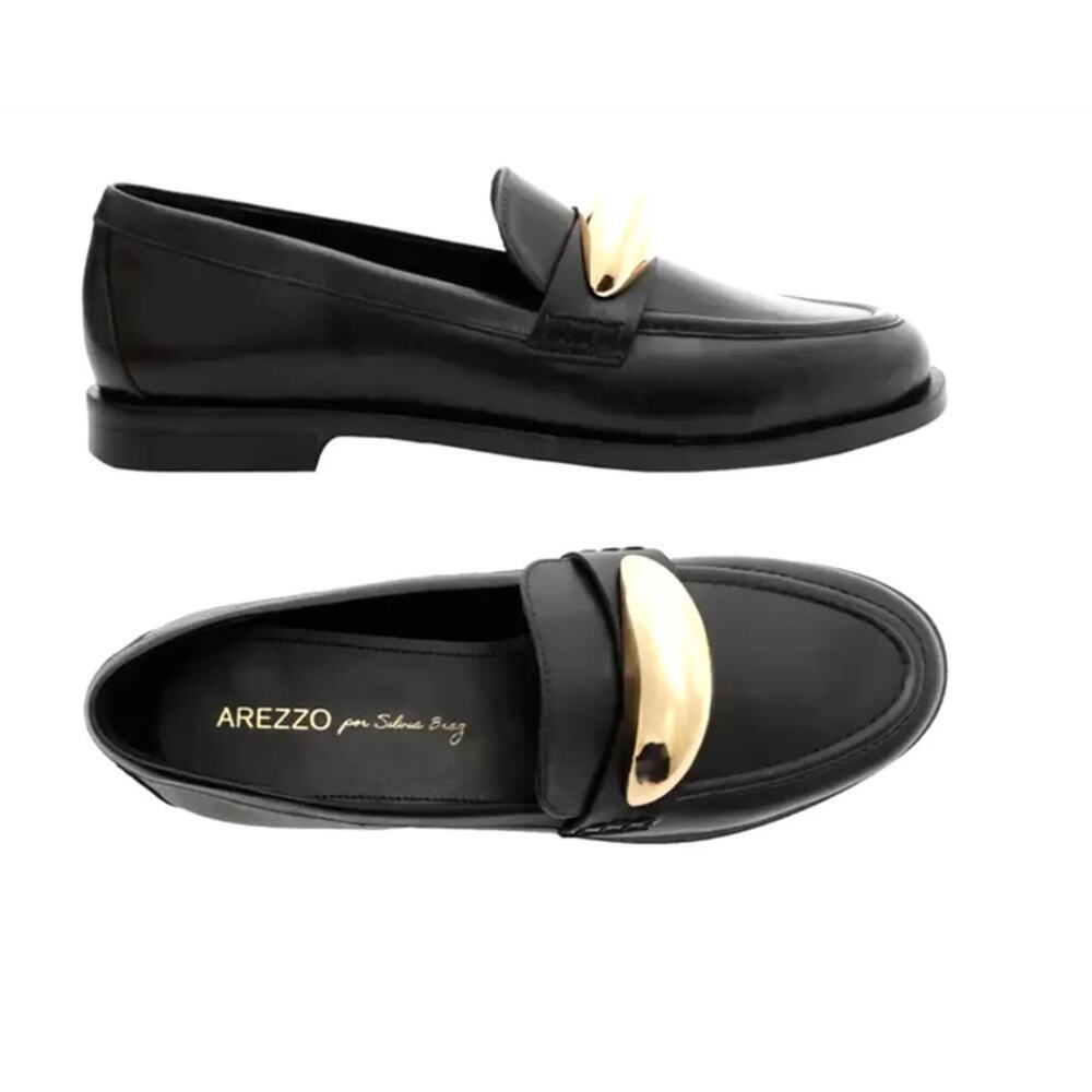 Arezzo Vicky Black Leather Loafer Gold Hardware Size 9.5 Brazilian Designer